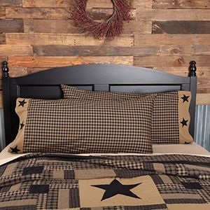 VHC Brands Check Star Cotton Primitive Bedding Appliqued King Pillow Case Set of 2, Raven Black