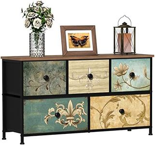 Tohomeor Dresser with Drawers for Bedroom Chest of Drawers Fabric Dresser for Closet,Nursery Entryway Hall Tree TV Stand for Living Room Retro Floral Pattern Drawers Wooden Top (5 Drawers)