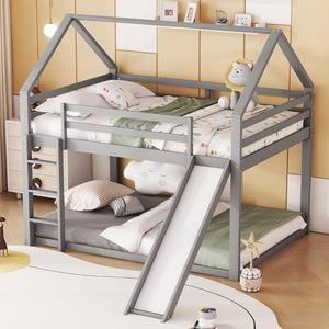 KOMHTOM Lit Superposé Cabane en Bois avec Toboggan, Échelle et Clôture de Sécurité - Support à Lattes, Cadre de Lit pour Chambres à Coucher - Pin (Sans Matelas) (Gris)