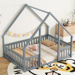 Bellemave Full Floor Bed for Kids, Girls, Boys, Wood House Bed Frame, House Floor Bed for Kids, Full Size Montessori Floor Bed with Fence, Playhouse for Kids, Gray