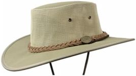 Barmah Canvas Cooler Drover Hat with Outback Foldable Brim Mesh Breathable Chin Cord, Khaki, Small