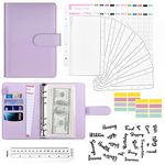 HASTHIP® File Folder Ring Binder Notebook Set, A6 PU Leather Binder Clip with Envelopes, Budget Sheets, Label Stickers, 1 Ruler, Ring Binder Clip Stationery Supplies (Purple)