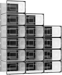 Foluck X-Large Shoe Storage Box, 15 Pack Clear Plastic Stackable Shoe Organizer for Closet, Interlocking Design Shoe Container Bins for Sneakers, Foldable Shoe Rack with Lids, Black