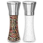 Salt and Pepper Grinder Set (2pcs) - SK Depot Refillable Premium Stainless Steel Salt and Pepper Mill with Glass Body for Home Kitchen Barbecue Adjustable Coarseness Brushed Glass Shakers (Large*2)