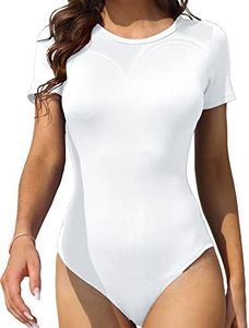 LAOLASI Women's Round Neck Short Sleeves Slim Fit Body Suit Basic Bodysuit Daily T Shirts Tops, White 02, Small