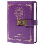 Constellation Leather Journal with Lock, Zodiac Moon Sun Diary for Writing, B6 Notebook with Lined Paper for Women & Men (Purple)