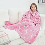 Wearable Fleece Blanket with Sleeves & Foot Pocket for Kids Boys Girls Children,Lightweight Soft Blanket with Sleeves and Hook & Loop 55" x 48" Pink Unicorn