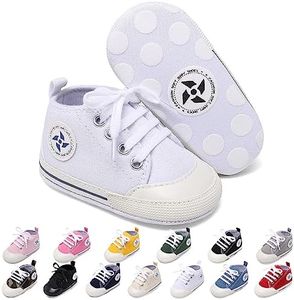 Baby Boys Girls Star High Top Sneaker Soft Anti-Slip Sole Newborn Infant First Walkers Canvas Denim Shoes (11cm, A-White, 0-6 Months Infant)