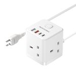 Japan Travel Adapter 3 Way 4 Fast Charging USB (QC3.0/PD20W) with 1.5M Extension Cable Compact Cube UK to Japan Plug Adapter