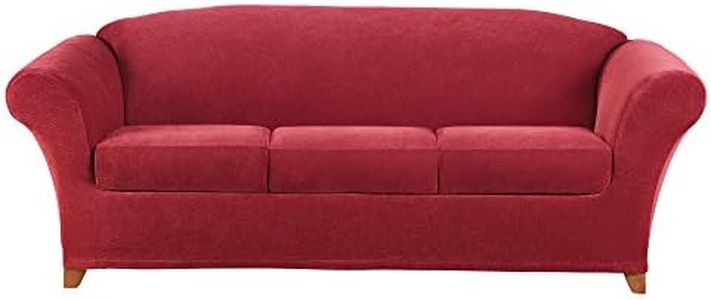 SureFit Stretch Pique Sofa Slipcovers, Four Piece Sofa Cover, Includes Slipcover and Three Cushion Covers for a Secure Fit, Machine Washable Geometric Patterned Cushion and Sofa Covers, Garnet