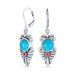 Western Jewelry Southwest Native American Squash Blossom Style Multicolor Gemstone Blue Turquoise Red Carnelian Feather Lever Back Dangle Earrings For Women .925 Sterling Silver