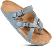 AEROTHOTIC Womens Strappy Slip-On Modern Memory Foam Cushion Footbed Outdoor Adjustable Buckle Cork Footbed Slides for Sandals with Comfortable Arch Support (Celestis Light Blue, size 10)