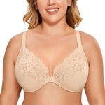 DELIMIRA Women's Front Closure Plus Size Full Coverage Lace Underwire Racerback Bra Beige 46C