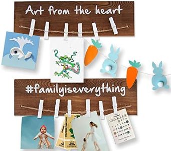 Wall Mount Kids Art Display Rack w/ 12 Clips – Set of 2 – Display Your Memories w/Clothespins: Photo Collage Frame, Art Projects, Love Letters & More – Fir Wood w/Thoughtful Quotes Art Organizer