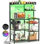 Aheaplus Bakers Rack with Power Outlet and LED light strings, Microwave Oven Stand Kitchen Storage Shelf with Wire Basket, Coffee Bar Station Island table with 10 hooks for Spices, Pots, Pans, Black