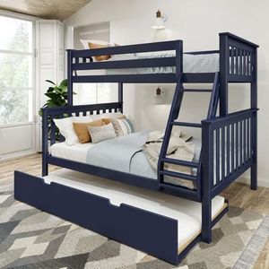 Max & Lily Bunk Bed, Twin-Over-Full Wood Bed Frame For Kids With Trundle, Blue
