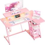 HOMIDEC Gaming Desk with LED Lights, 100CM Computer Desk with Monitor Stand, L Shaped Desk with Headphone Hook, Corner Desk with Shelves for Gaming Room, Bedroom, Office, Pink