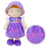 June Garden Personalized 12" Soft Dolly Laura - Stuffed Soft Baby Doll for Birth and Up with Custom Name - Purple Dress