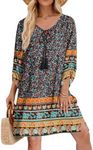 Zeagoo Womens Bohemian Floral Mini Tunic Short Dresses Casual Tassel Tie V Neck Summer Half Sleeve Shift Dress Pettie Beach Holiday Tropical Sheath Dress Black S