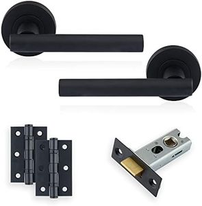 XFORT Matt Black Liberty Lever On Rose Latch Pack, Complete Set with T-Bar Door Handles, 65mm Tubular Latch and 75mm Ball Bearing Hinges, Door Handle Set for Home and Office.