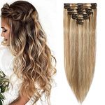 14 inch Remy Hair Extensions Cip in Human Hair 100% Real - #12/613 Golden Brown&Bleach Blonde - 8pcs 18 Clips Full Head Normal Weft Hair Pieces for Women Straight (60g)