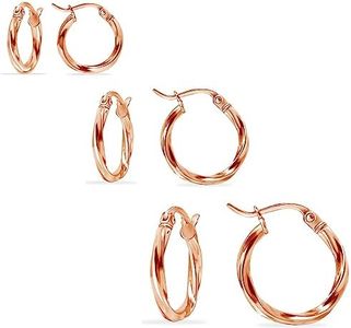 Hoops & Loops Set of 3 Rose Gold Tone over Sterling Silver 2mm Twist Hoop Earrings, 15mm, 20mm, 25mm