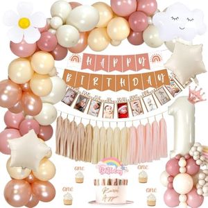 1 Año Decoraciones Cumpleaños Niñas, Globos 1 Cumpleaños Decoracione con 12 Meses Bebé Foto Bunting Banner,Foil 1 Balloon, Tassel, Boho Globo de Rosa Beige para Decoracion Fiesta Cumpleaños (Boho)