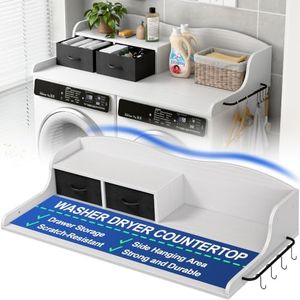 Nivisre Washer Dryer Countertop, 2-Tier Laundry Room Organizer with Drawers & Side Hanging Rod, Wave Design Washer Top Shelf for Folding Clothes and Storage, Laundry Countertop Cover with Hooks