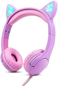 Olyre Cuffie Bambina, gatto orecchie led, con filo, femmine da 2 a 10 anni, 85dB Volume,Viola