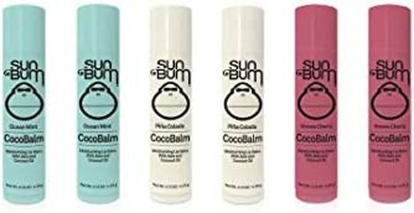 Sun Bum CocoBalm | Vegan and Cruelty Free Moisturizing Lip Balm with Aloe and Coconut Oil | Pina Colada, Ocean Mint, Groove Cherry (.15 oz) | Pack of 6 (2 of Each Flavor)