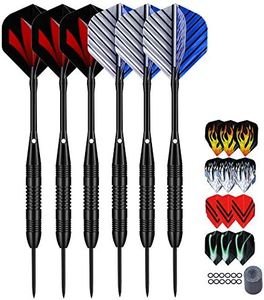 LARRITS Professional 6 Pack 23 Grams Steel Tip Darts Set With Black Aluminum Shafts, include 9pcs Standard Flights + 9pcs Laser Flights + 12pcs Rubber O-Rings + Dart Sharpener + Storage Case