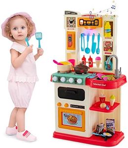 HONEY JOY Kids Play Kitchen, 65PCS Pretend Kitchen Play Toy Accessories Set w/Play Sink, Realistic Lights Sounds, Steam Simulation, Cooking Play Kitchen Playset w/Water Circulation for Children (Pink)