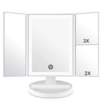 WEILY Makeup Vanity Mirror with LED Lighting and Touch Screen, Tri-Fold 1x 2x 3x Magnification,180° Adjustable Rotation,Battery and USB Powered,Countertop Cosmetic Mirror (White)