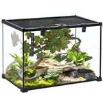 PawHut Glass Reptile Terrarium Insect Breeding Tank Vivarium Habitats w/Thermometer, Decor Kits, Heat for Lizards, Horned Frogs, Snakes, Spiders, 50 x 30 x 35cm - Black