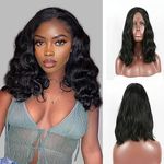 xiweiya Natural Black Lace Front Wigs 14Inch Loose Curly Wigs Synthetic 13x3 Lace Wig Natural Wave Lace Front Wigs for Women Heat Resistant Fiber Wig