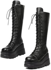 CELNEPHO Womens High Platform Mid Calf Wedges Chunky High Heel Round-Toe Side Zip Fanshion Combat Boots For Women
