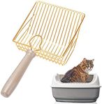 Cat Litter Scoop Stainless Steel Metal, Non-Slip Beech Handle Kitten Deep Shovel Holder for Maximum Sifting, Non Stick Scoop Sifter Cat Litter Shovel Cleaning Scoop