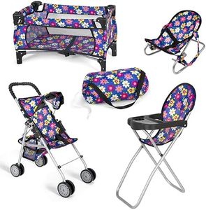 fash n kolor 4 Piece Baby Doll Play Set Flower Design Includes - Pack N Play, Baby Doll Stroller, Baby Doll High Chair, Infant Seat, Fits Up to 18'' Doll 4 Piece Doll Accessories Set