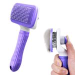 Self Cleaning Slicker Dog Brush, Cat Grooming Brush, Dog Brush for Shedding, Deshedding Brush with Cleaning Button for Short/Long Hair Pet, Massage Cat Brush Removes Loose Fur, Purple