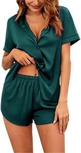 Ekouaer Pajama Sets Women Short Sleeve Button Up Satin Sleepwear Tops and Shorts Nightwear Dark Green Small