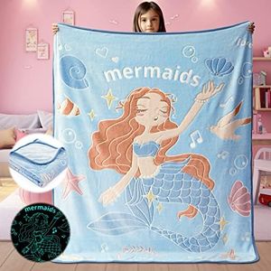 Glow in The Dark Mermaid Blanket Throw Gifts for Girls Kid Blankets Super Soft 3 4 5 6 7 8 9 10 Year Old Girl Gift Ideas Girls Toys Age 6-8 Mermaid Toys Easter Christmas Birthday Gifts 50"x 60"