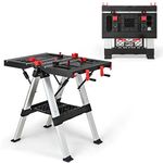 Goplus Portable Workbench, Folding Work Table & Sawhorse with Adjustable Height, 440LBS/1000LBS Capacity, Clamps, 2 x 4 Support Arms, Tool Tray, Collapsible Tool Bench Work Bench for Garage, Home