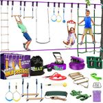 Ninja Warrior Obstacle Course for Kids Workout Equipment - 2 x 55ft Slacklines with 10 Weatherproof & Durable Obstacles - Cargo Net, Monkey Bars, Rope Ladder & More - Ninja Course for Kids Outside