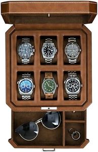 ROTHWELL 6 Slot Leather Watch Box with Valet Drawer - Luxury Watch Case Display Organizer, Microsuede Liner, Locking Mens Jewelry Watches Holder, Men's Watch Storage Large Glass Top (Tan/Brown)