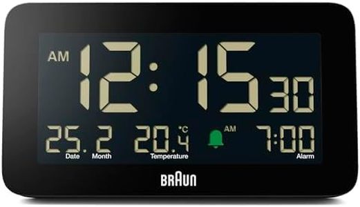 Braun Digital Alarm Clock with Date, Month and Temperature Displayed, Negative LCD Display, Quick Set, Crescendo Beep Alarm in Black, Model BC10B (1-Pack)
