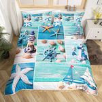 Beach Duvet Cover Set King Size, Sealife Starfish Conch Bedding Set 3pcs for Kids Boys Girls Room Decor, Nautical Sailboat Anchor Rudder Comforter Cover Ocean Quilt Cover with 2 Pillowcases