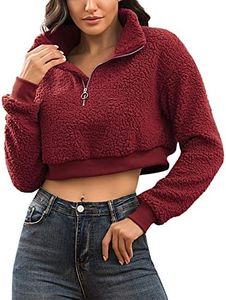 Flygo Women's 1/2 Zip Sherpa Pullover Fuzzy Fleece Cropped Sweatshirt(WineRed-L)