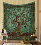 THE ART BOX Tapestry Green Tree of Life Wall Hanging Psychedelic Tapestries Indian Cotton Twin Bedspread Picnic Sheet Wall Decor Blanket Wall Art Hippie Bedroom Décor (Full, 85x90 Inch)