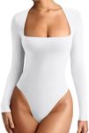 REORIA Womens Sexy Basic Long Sleeve Square Neck Double Lined Leotards Shirts Going Out Cute Thong Bodysuit Tops White Large