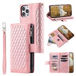 QLTYPRI Wallet Case for iPhone 15 Pro Max,Luxury Quilted PU Leather Wallet Case with Card Slots for Women,Magnetic Zipper Purse Case with Wrist Strap Kickstand Shockproof Flip Cover-Rose Gold